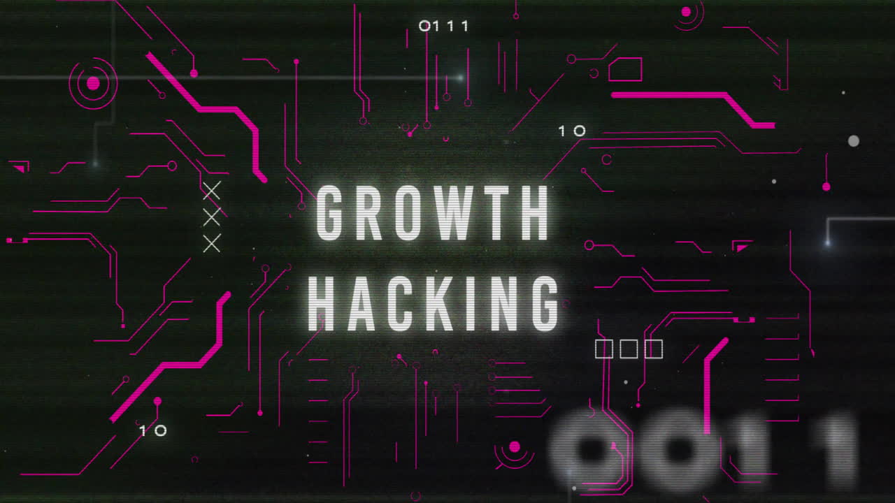 Growth Hacking text animation over digital numbers and symbols on dark background