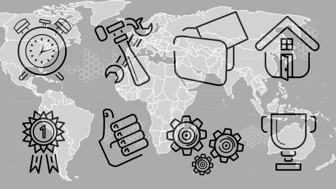 회색 배경의 세계 지도 위에 비즈니스 아이콘의 애니메이션