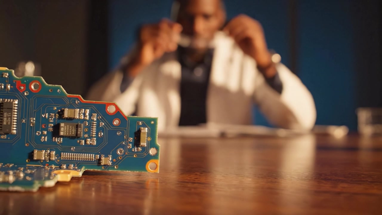 Focused Examination of Circuit Board in an Office Setting, Highlighting Electronic Components and the Intense Concentration of a Professional at Work