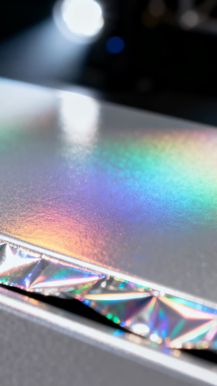 Un riflettore a sinistra proietta un arcobaleno cangiante su un pannello metallico sul palco, con bordi iridescenti che si accendono.