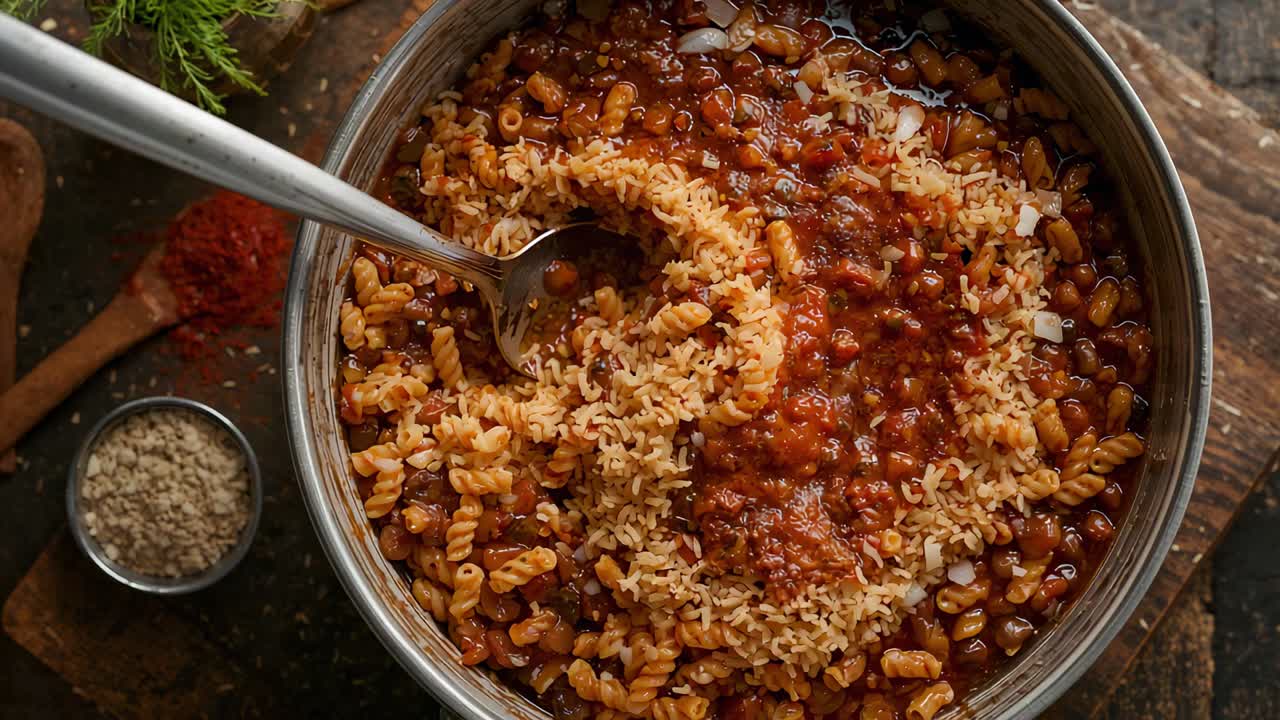 Cuchara de metal recogiendo arroz, tocando el borde y empujando en la olla sobre una tabla de madera, dejando ver la capa de arroz