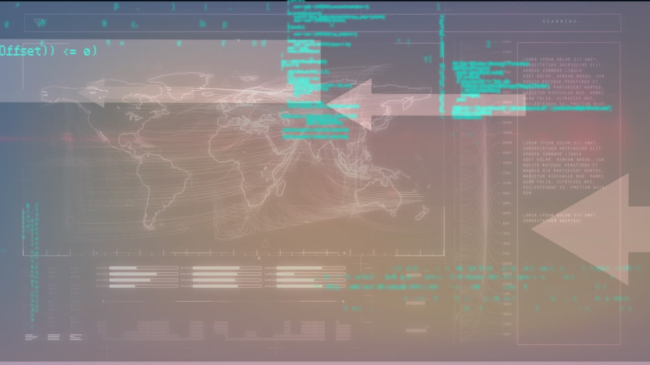 Animation of data processing and arrows over screens and world map