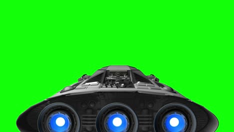 spacecraft with pulsate engines on background of green screen, 3d animation