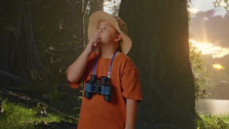 niño asiático con sombrero y binoculares pensando en algo y mirando a su alrededor mientras explora la naturaleza forestal. niño investigador, concepto de aventura de turismo de viaje