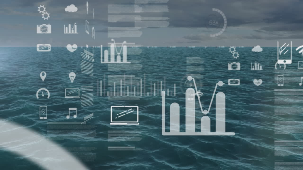 Animation of data processing and stock market over sea