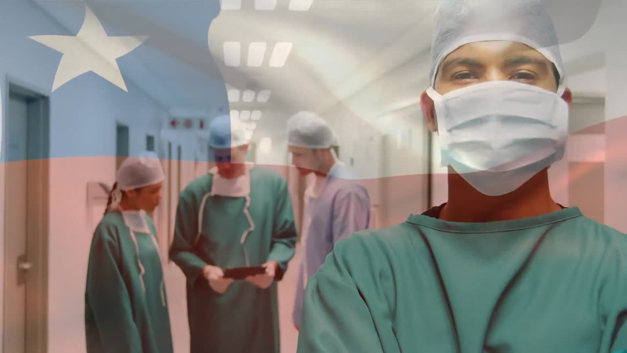 Animation of flag of chile waving over surgeons in operating theatre