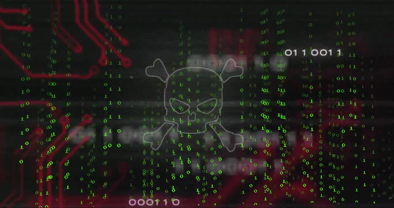 Binary code dripping forming skull crossbones with red circuit lines pulsing showing cyber threat