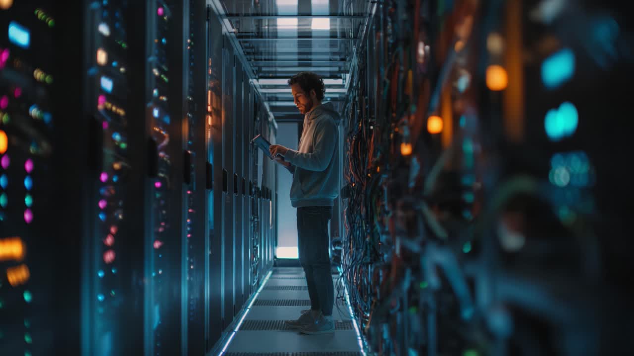 A focused individual meticulously monitors data within a high-tech server room, surrounded by illuminated servers and complex networking equipment, ensuring optimal performance