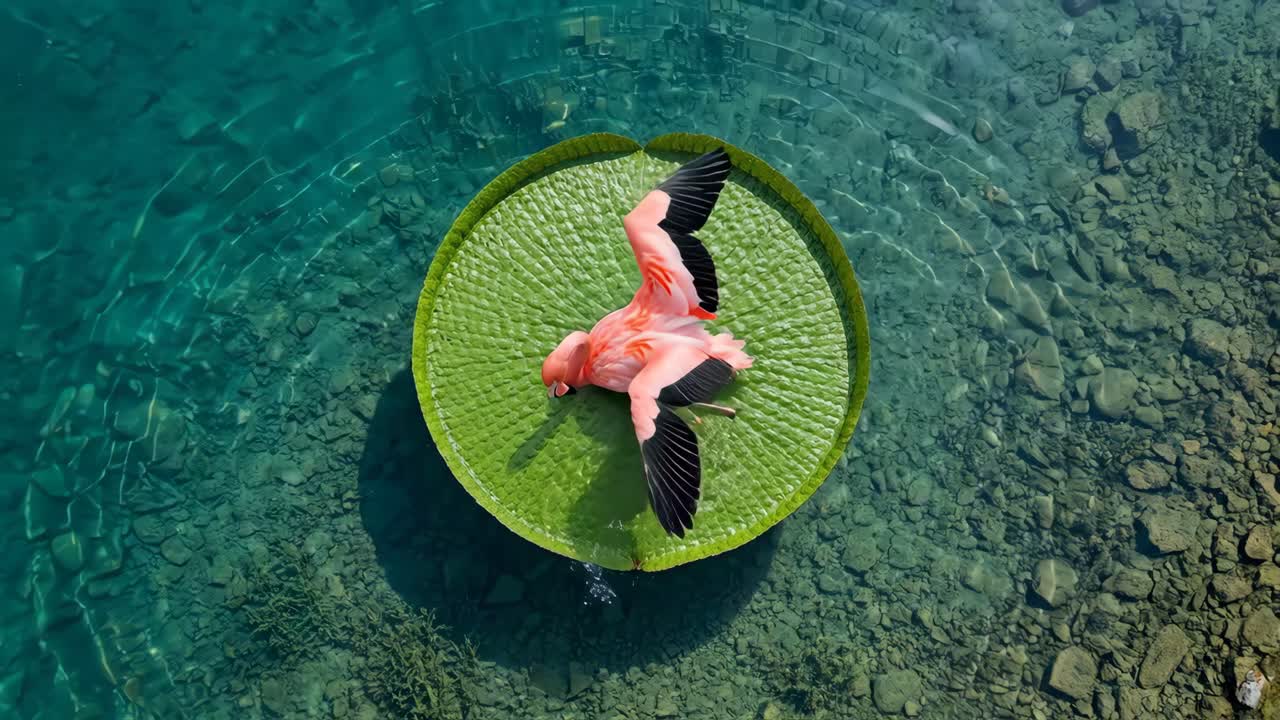 Flamingo Rosa Descansando em uma Vitória-Régia Gigante em Água Turquesa Clara