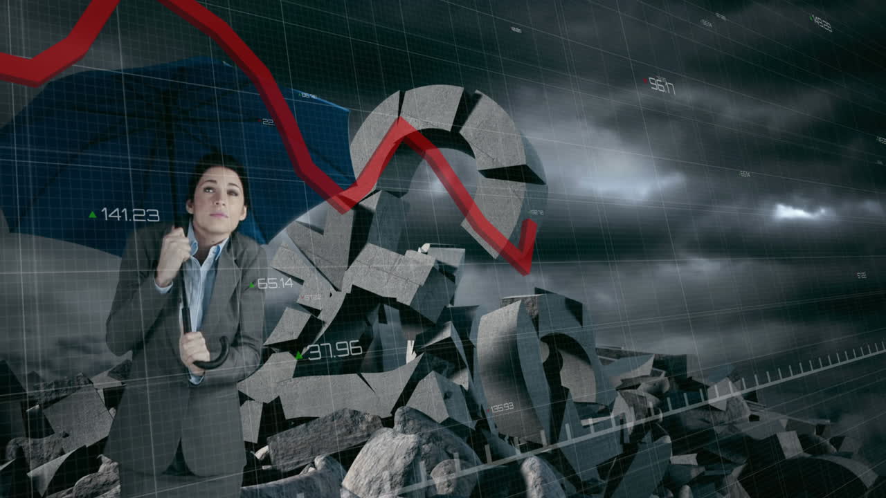 gráficos rojos moviéndose contra una mujer de negocios sosteniendo un paraguas