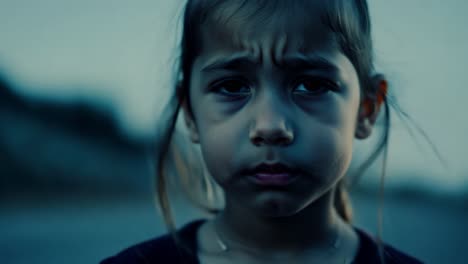 a young girl with a sad expression looks at the camera