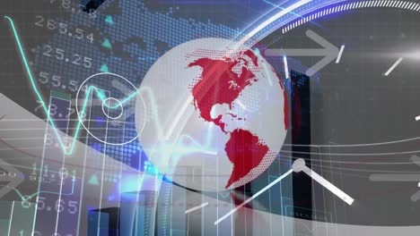 Animación-Del-Procesamiento-De-Datos-Financieros-Sobre-Reloj,-Globo-Y-Mapa-Mundial