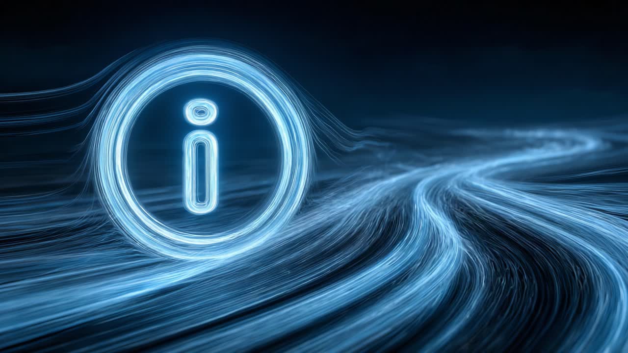 Un'icona informativa futuristica al neon illumina un flusso dinamico di luce, a simboleggiare connettività e conoscenza in un regno digitale