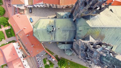 Towers-of-Cathedral-of-St-Peter-and-Paul-in-Brno,-Moravia,-Czech-Republic,-aerial-top-down-view