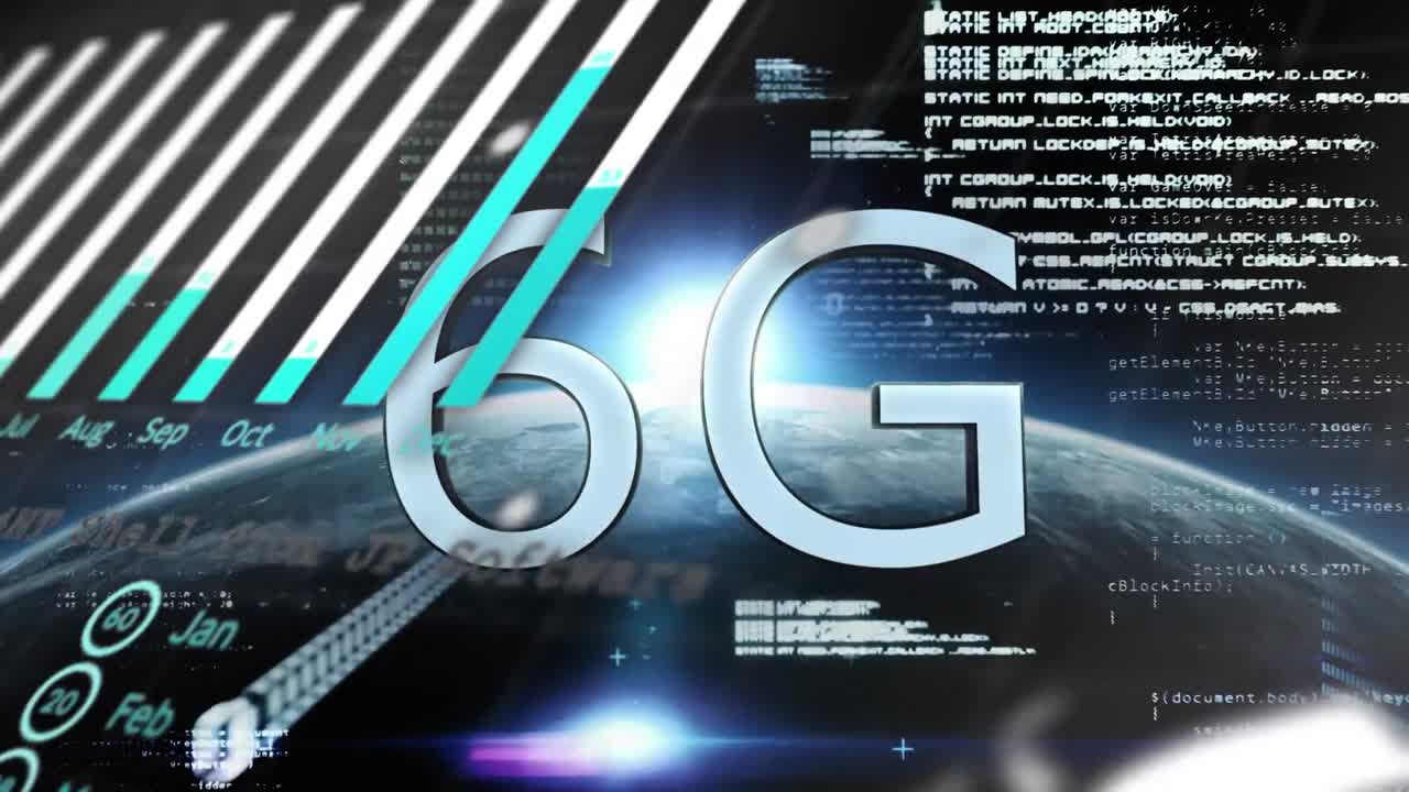animación de texto y procesamiento de datos de 6g sobre globo y punto de luz contra fondo azul.