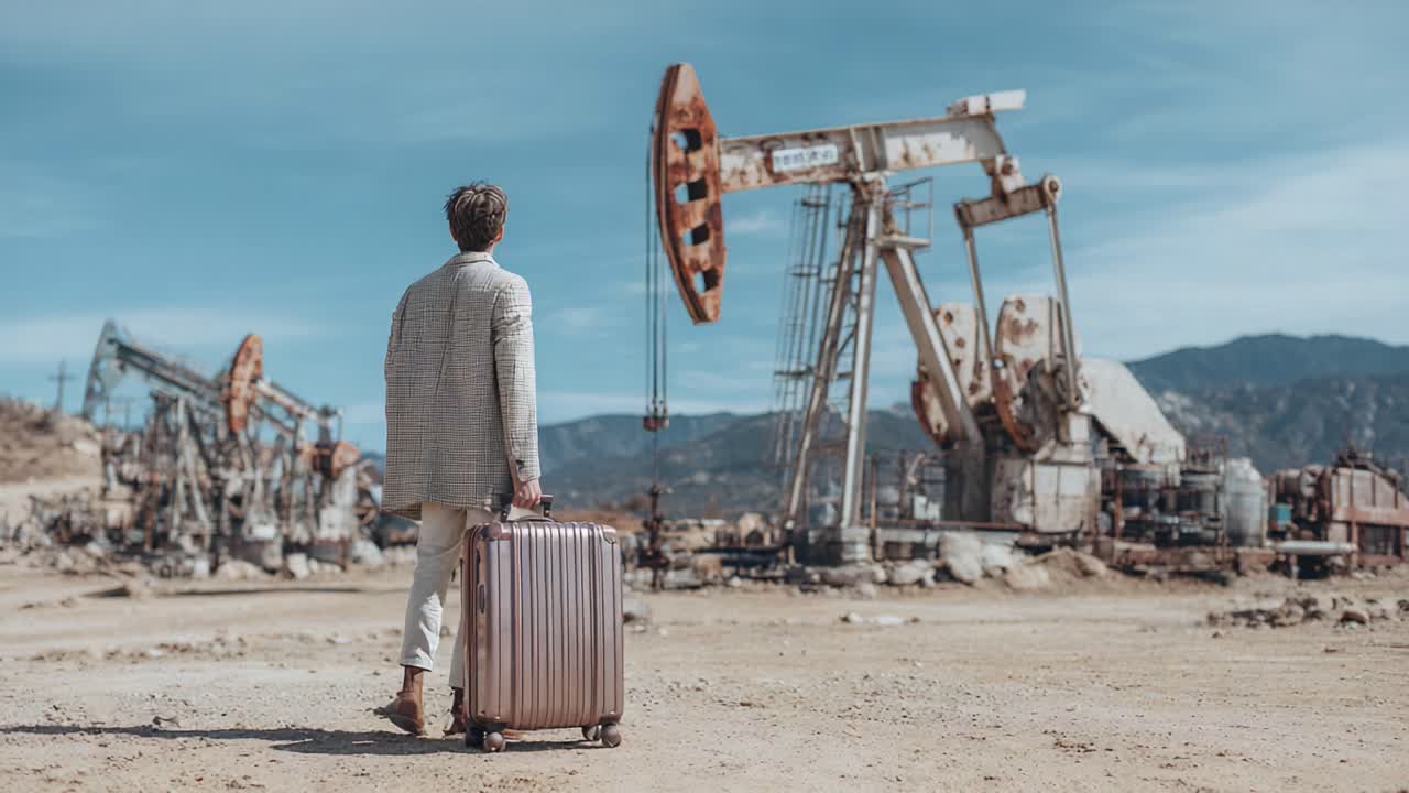 A lone figure standing amidst abandoned oil rigs, reminiscent of a bygone era in an industrial landscape, holding a suitcase as if awaiting a journey or departure