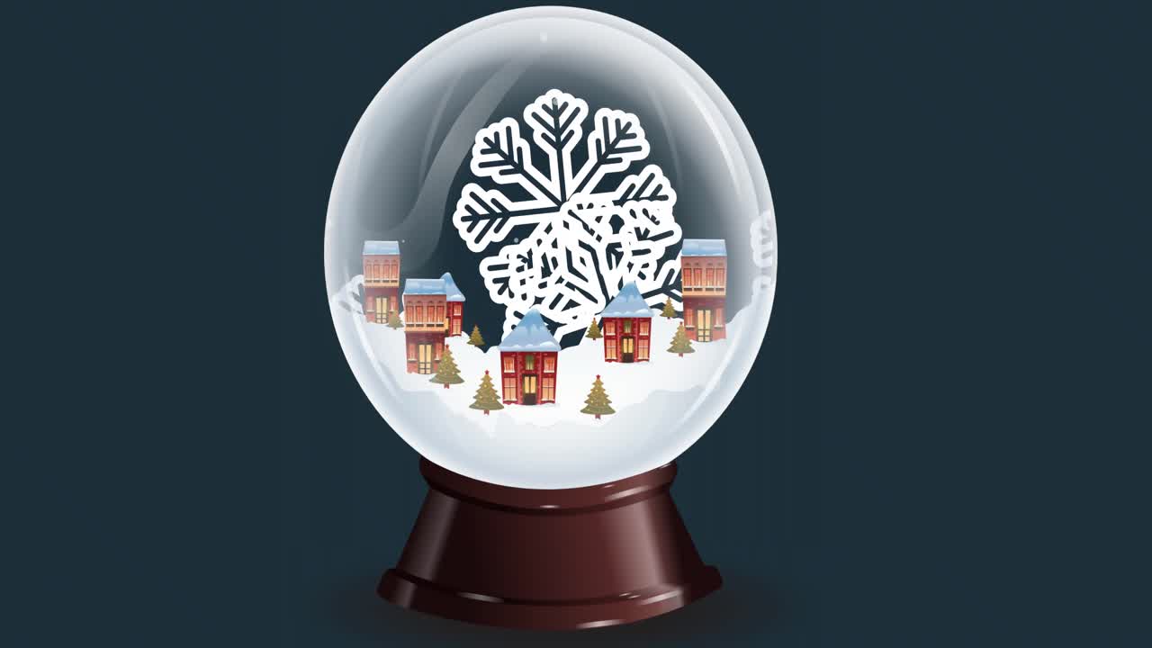 회색 배경에 집과 눈송이가 있는 크리스마스 스노우 글로브의 애니메이션