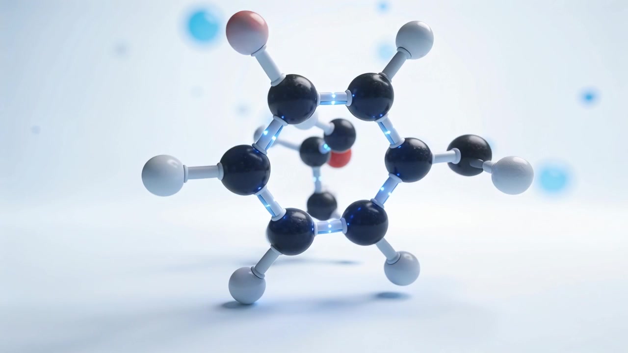 Panning camera revealing 3D molecule in studio to reveal structure, showing black white red atoms