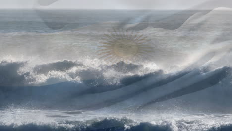 digital composition of argentina flag waving against aerial view of waves in the sea