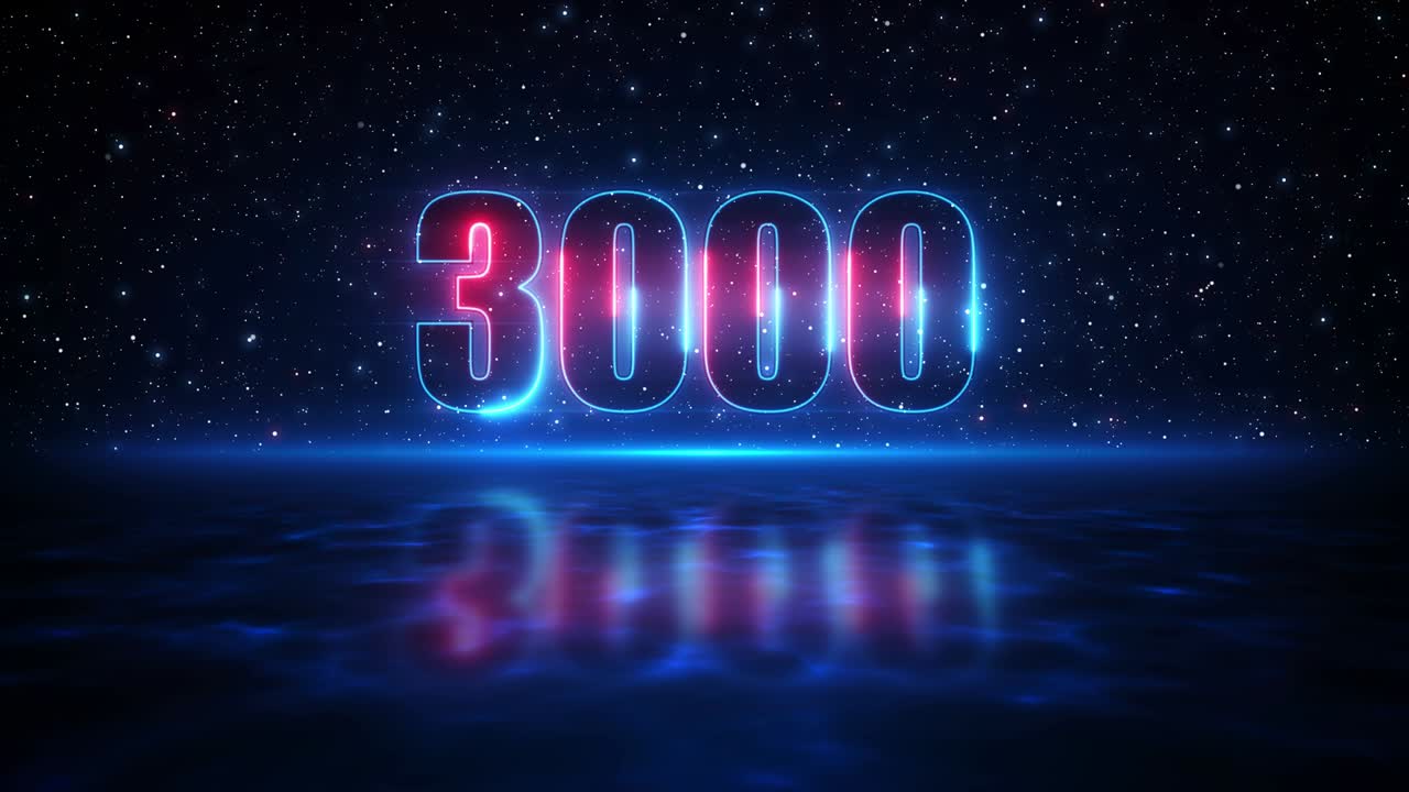 movimiento futurista rojo y azul número 3000 muestra un letrero de neón en el cielo estrellado azul oscuro del espacio y el reflejo de la luz en la superficie del agua