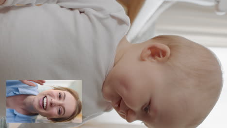 bebé bonito hablando en video con la madre en el teléfono inteligente madre saludando al niño disfrutando de comunicarse con el niño en el video chat en casa orientación vertical