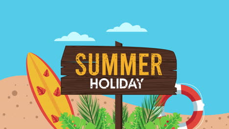 temporada de vacaciones de verano con etiqueta de madera y tabla de surf en la playa