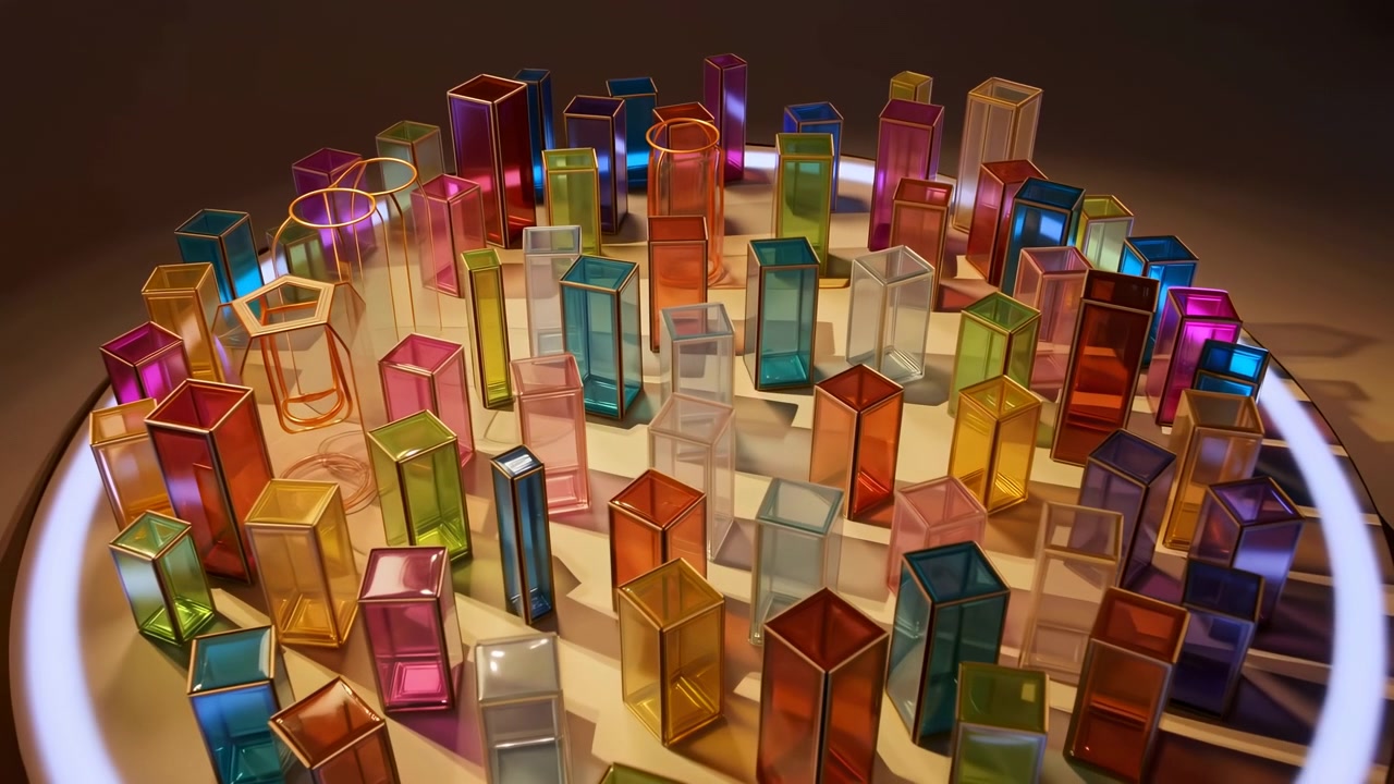 Close-up overhead view of upright translucent glass prisms and cylindrical tubes arranged on glowing circular platform, with vivid refraction, glossy surfaces, layered color, and balanced geometric