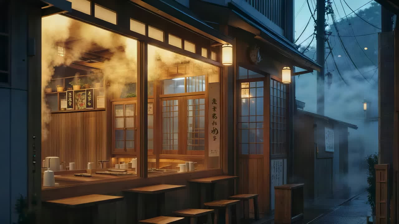 Traditional Japanese Restaurant at Night with Steam