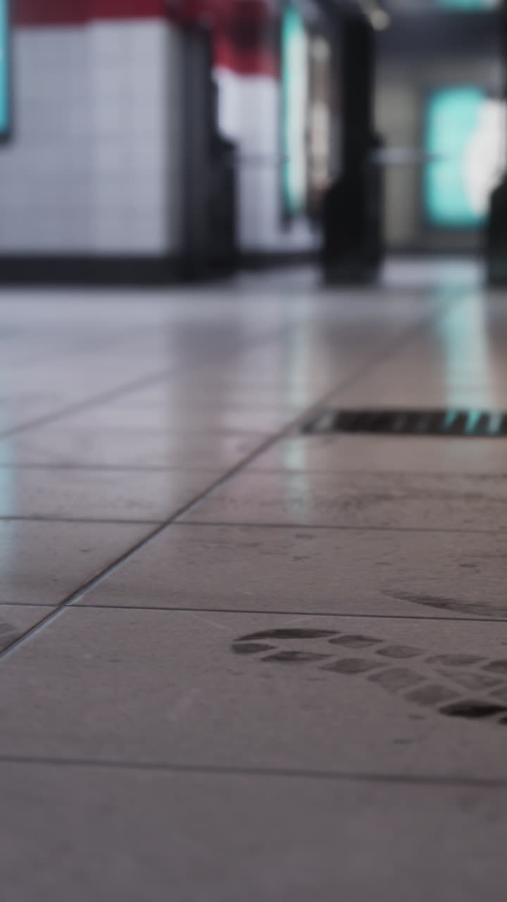 primer plano de una huella húmeda en un piso de azulejos en un pasillo vacío