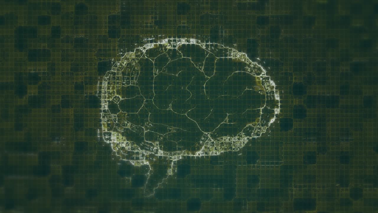 Dark grid pulsing initiating brain network forming, lighting nodes rotating fading showing activity