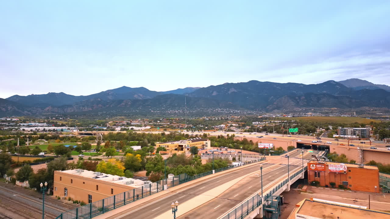 Colorado Springs, USA, 22 July 2025: Panorama of Colorado-Springs, Colorado, USA at daytime. Lively traffic on the roads of the city. Aerial view