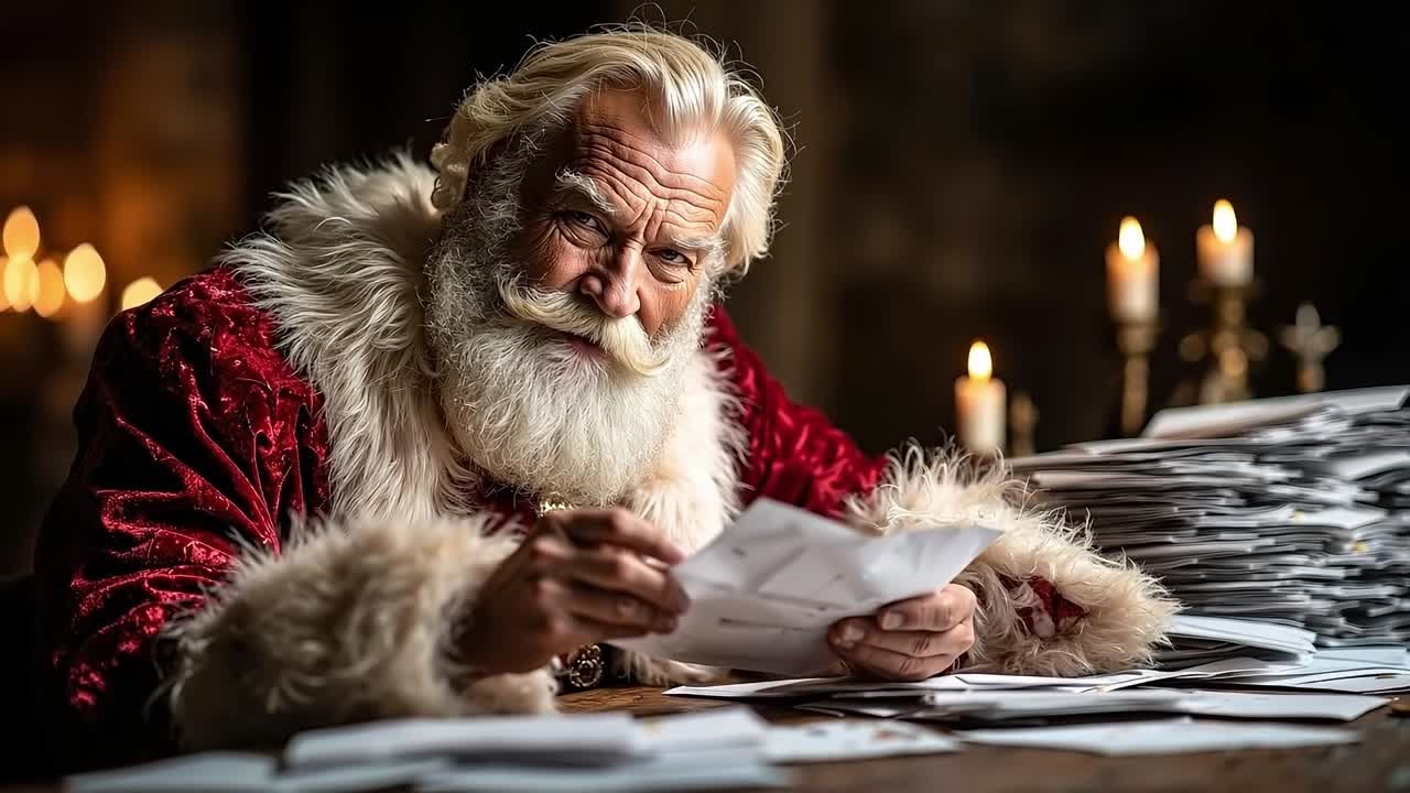 A man dressed as Santa Claus sitting at a table with a pile of papers