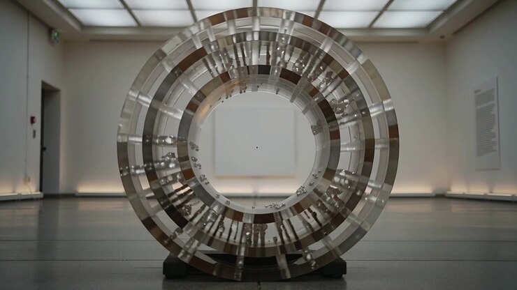 Plinto motorizado girando escultura circular transparente revelando contas e faixas internas em galeria