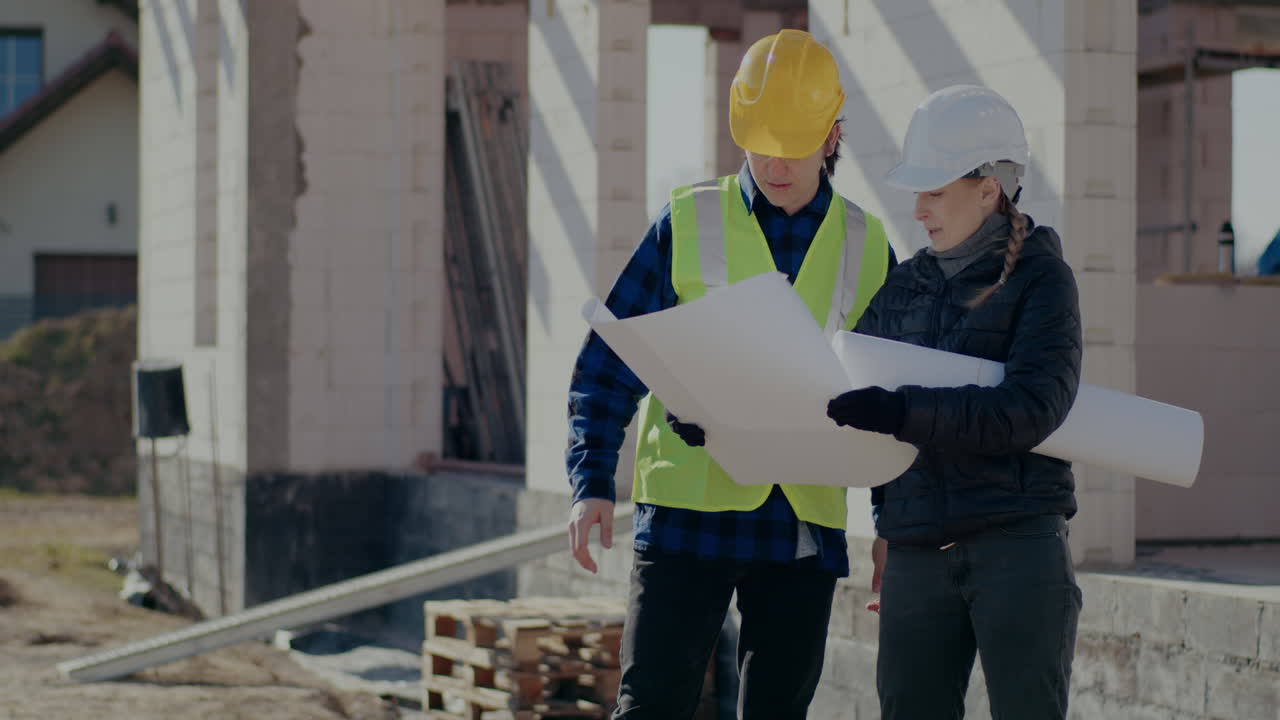 Young female supervisor instructing construction worker and rolling blueprint paper at site on sunny day
