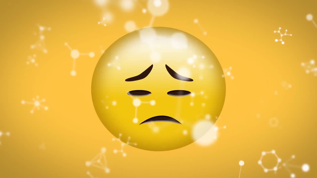 노란색 배경에 실망하고 슬픈 이모티콘 위에  ⁇ 색 네트워크의 애니메이션