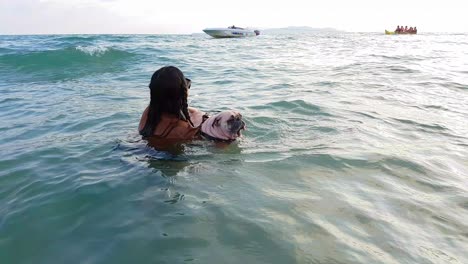 woman training pug dog to swims in sea water with leash and life vest, have speed boat and people play in background.