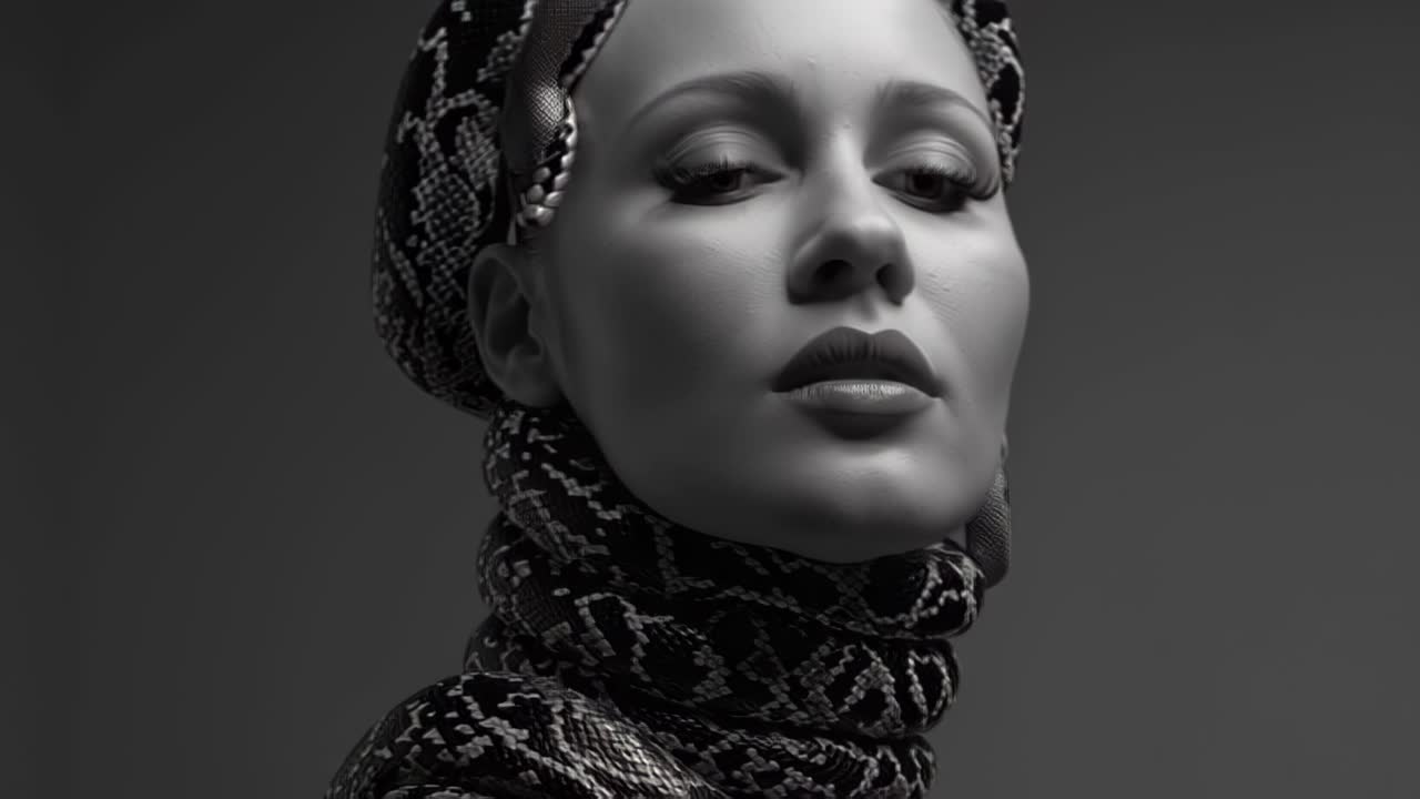Primo piano cinematografico monocromatico di una giovane donna in posa con un pitone avvolto intorno al collo e alla testa, illuminazione drammatica e styling di moda, sfondo da studio.