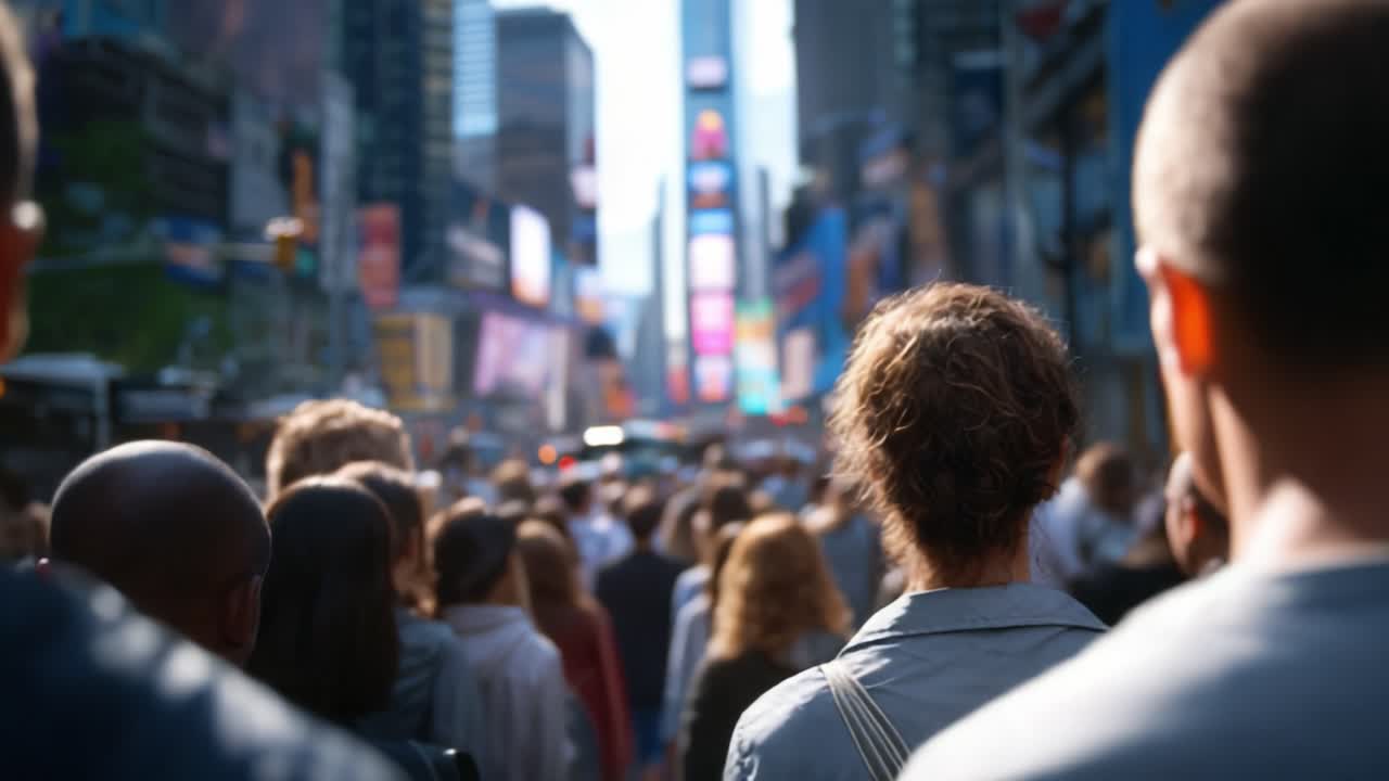 Folla vivace in un vibrante ambiente urbano di giorno con luminose pubblicità che illuminano la scena, catturando l'essenza della vita cittadina