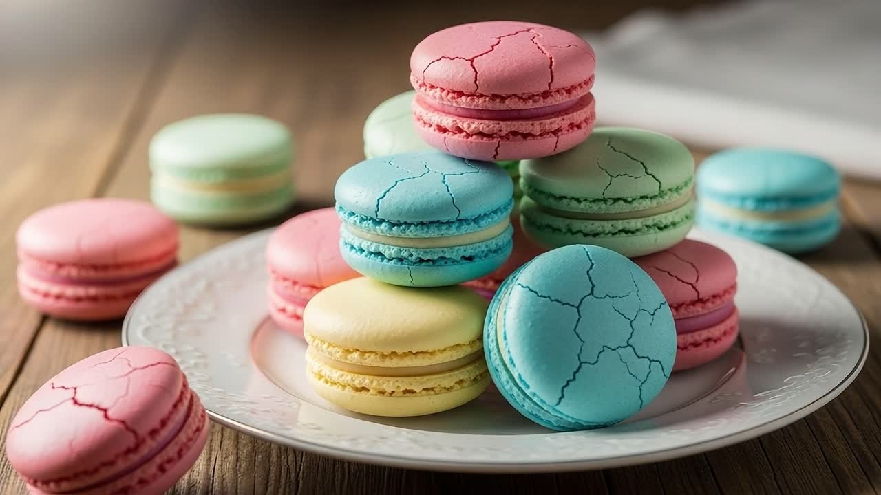 A Colorful Arrangement of Cracked Macarons on a Decorative Plate Showcasing Delicate Pastry Artistry, Featuring Shades of Pink, Blue, and Yellow That Tempt the Taste Buds