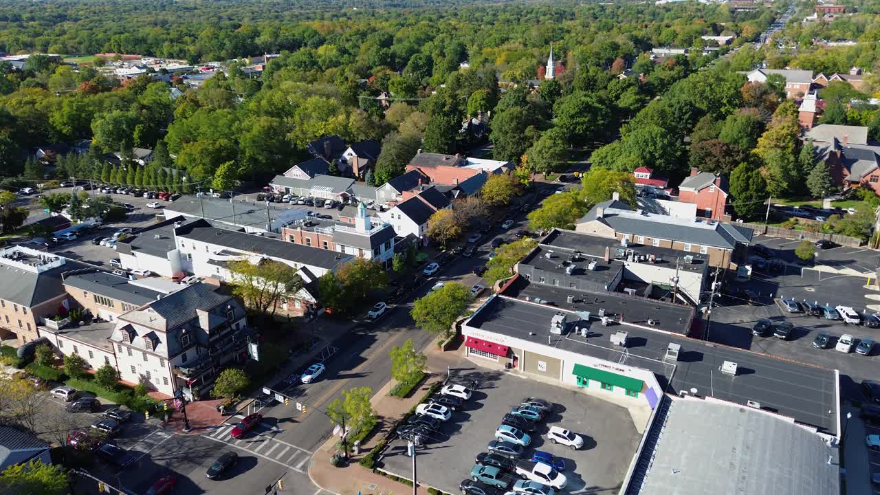 Worthington Ohio, aerial drone footage of historic downtown area, central ohio,a suburb of Columbus, Ohio just north of the city.