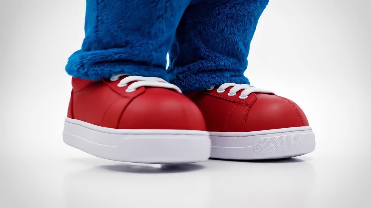 Close-up of Red Sneakers with Blue Fur