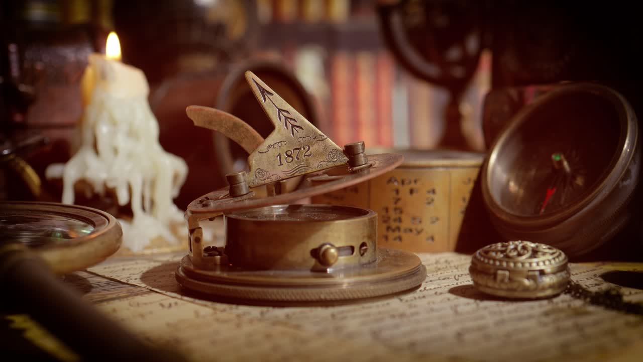 빈티지 스타일의 여행과 모험. 빈티지 오래된 나침반과 테이블에 있는 다른 빈티지 물건들.