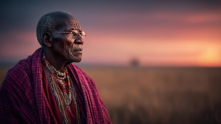 A Thoughtful Elder in Traditional Attire Gazes at the Majestic Sunset, Capturing the Essence of Reflection and Wisdom Amidst Scenic Natural Beauty