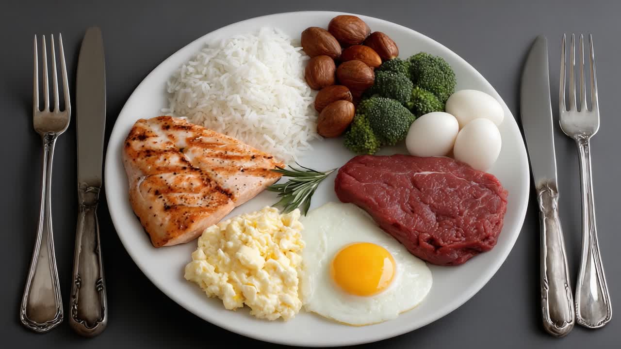A Colorful Meal Featuring Grilled Salmon, Steak, Eggs, Rice, Broccoli, and Nuts Served on a Plate, Capturing a Delicious and Nutritious Culinary Experience