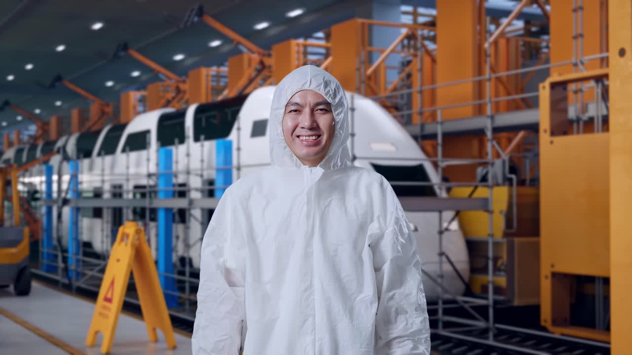 Científico asiático sonriendo, ingenieros de mantenimiento de trenes en un depósito