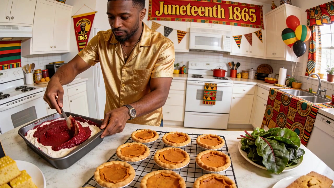 Cuoco con camicia dorata che immerge una spatola e livella il ripieno rosso di una padella nella cucina di casa per una festa del Juneteenth.
