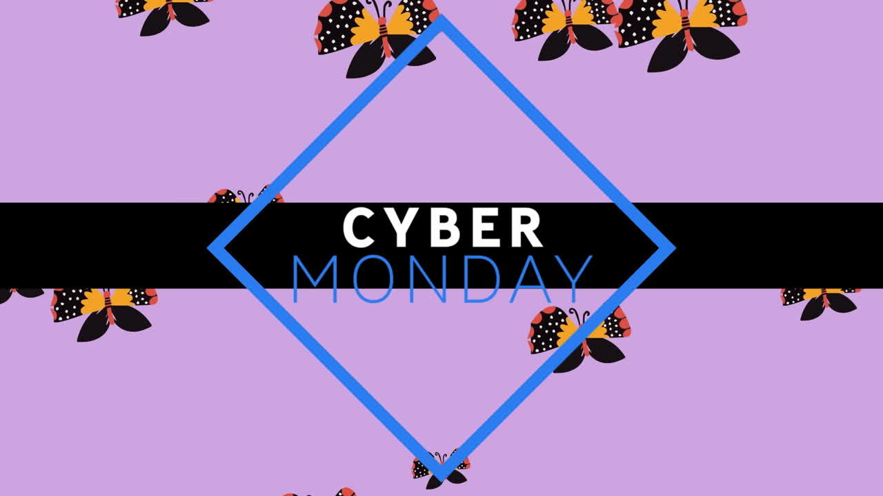 Animasi digital spanduk teks Cyber Monday dengan latar belakang beberapa ikon kupu-kupu pada latar belakang ungu