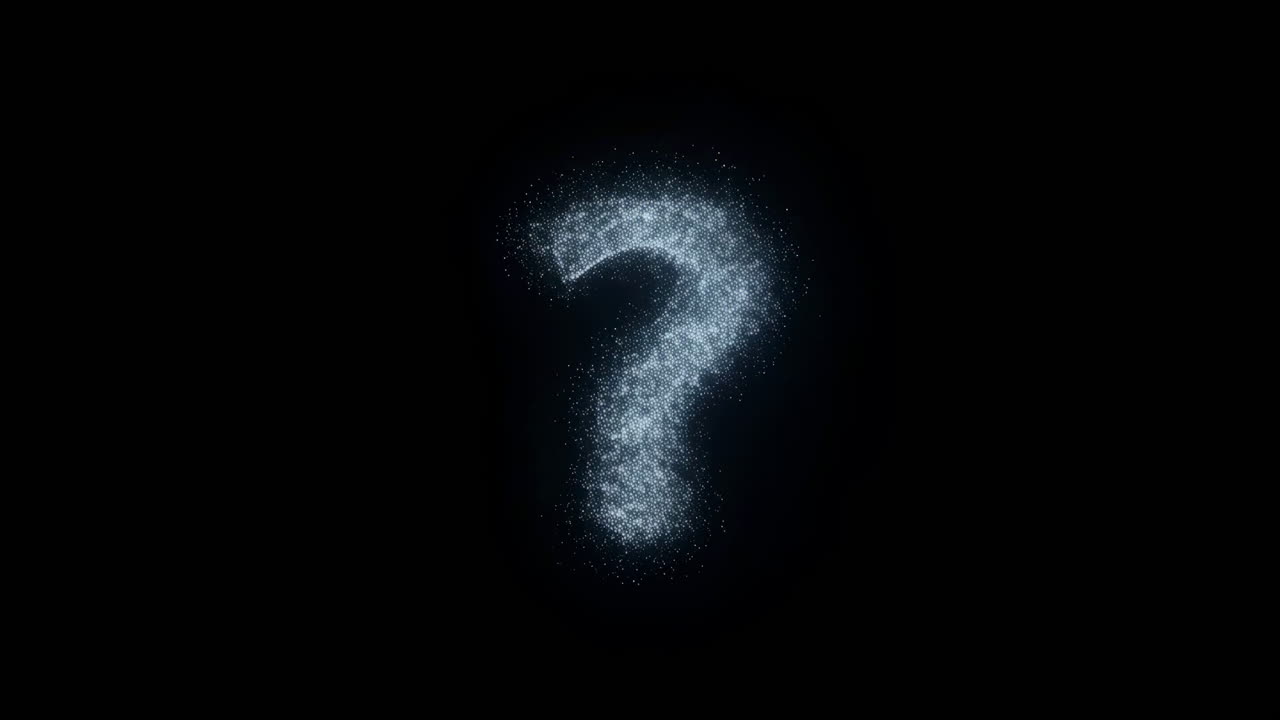 Punto interrogativo di particelle luminose che si forma contro il vuoto nero, polvere di stelle scintillante e scintille si fondono in