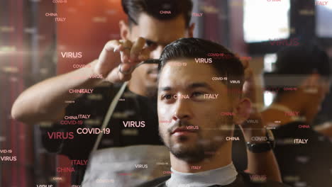 textos de concepto de covid-19 contra el barbero cortando el cabello en el salón