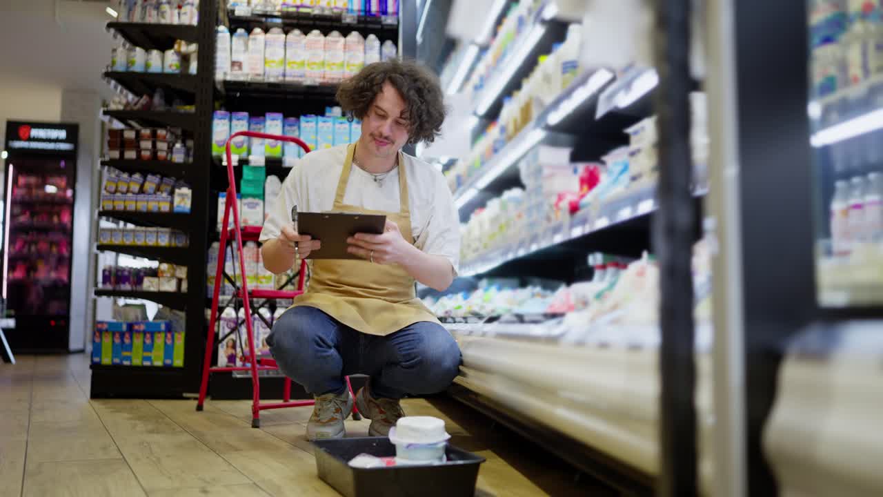un tipo con cabello negro rizado toma un artículo del mostrador y lo revisa contra el inventario y luego borra el artículo caducado en la sección de lácteos del supermercado
